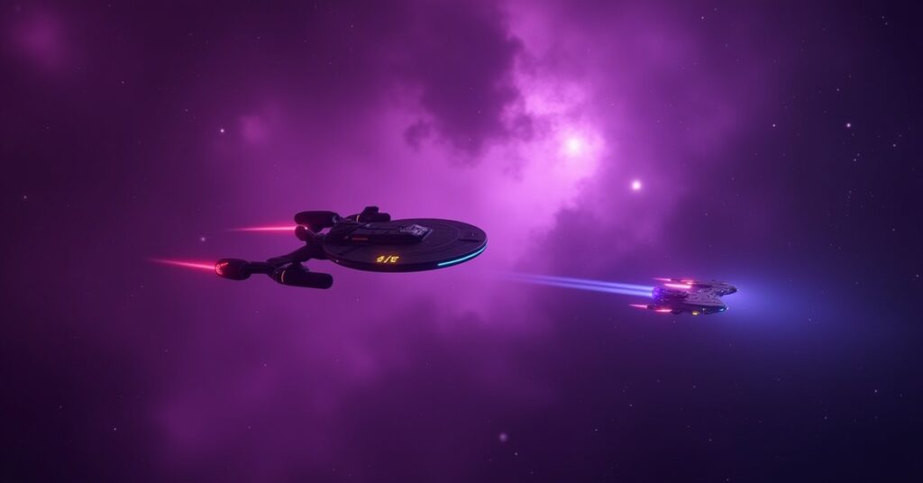 A starship chasing a Romulan scout ship through a violet nebula in Star Trek Fleet Command