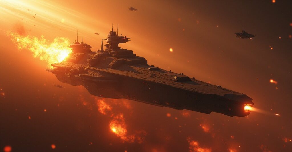 A starship defeating a mercenary ship above a frontier colony in Star Trek Fleet Command