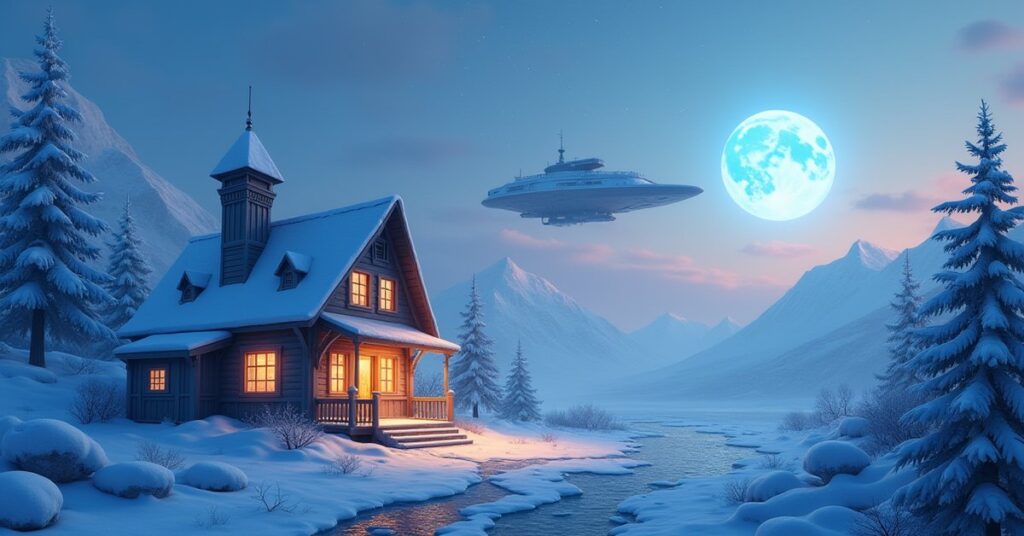 An icy blue city at dawn with a glowing bakery as two ships face off above in Star Trek Fleet Command