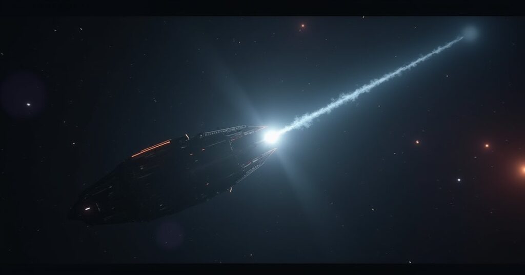 A starship following a glowing signal trail toward an outlaw ship in Star Trek Fleet Command