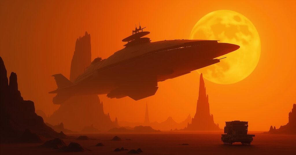 A Cardassian warship above an amber-lit homeworld as a shuttle carries a single crate toward it
