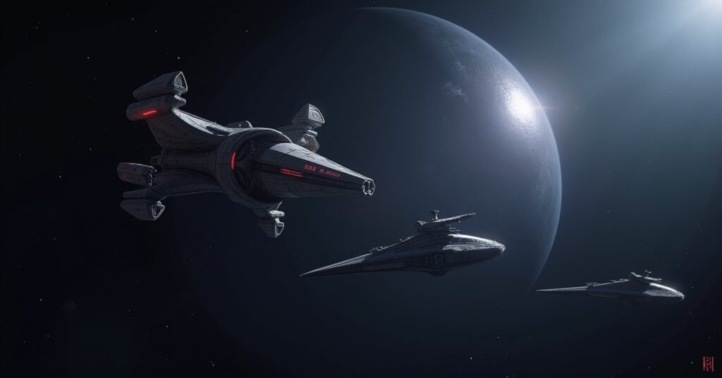 A starship and a Klingon Bird-of-Prey facing Suliban ships beside a glowing alien object in Star Trek Fleet Command