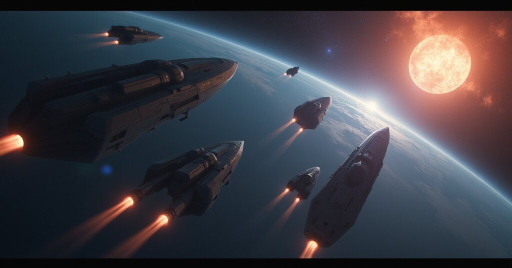 A starship confronting a vessel while Andorian refugee ships wait in Star Trek Fleet Command