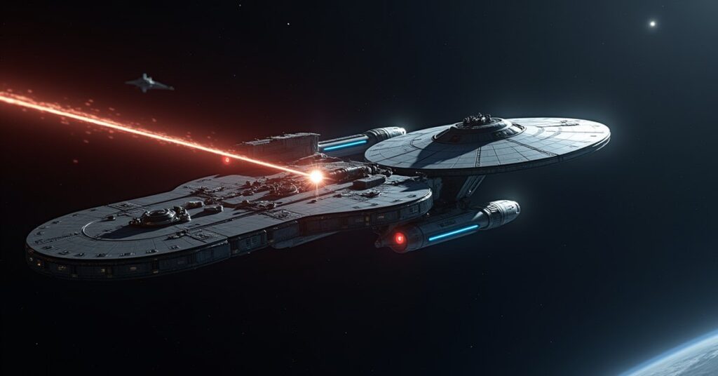A Federation starship capturing a disabled Klingon warship with a tractor beam in Star Trek Fleet Command