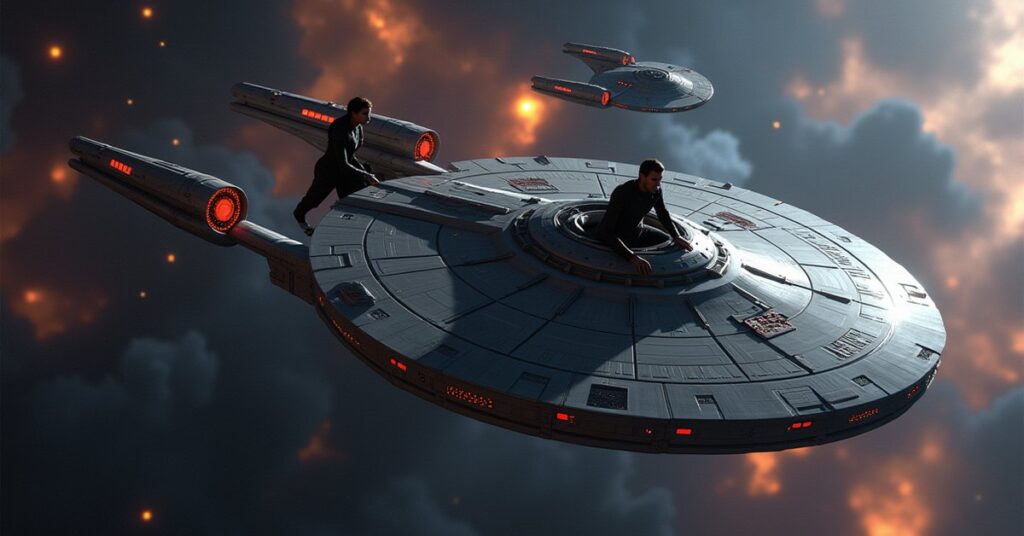 A starship fleeing a Klingon warship with two rescued lovers aboard in Star Trek Fleet Command