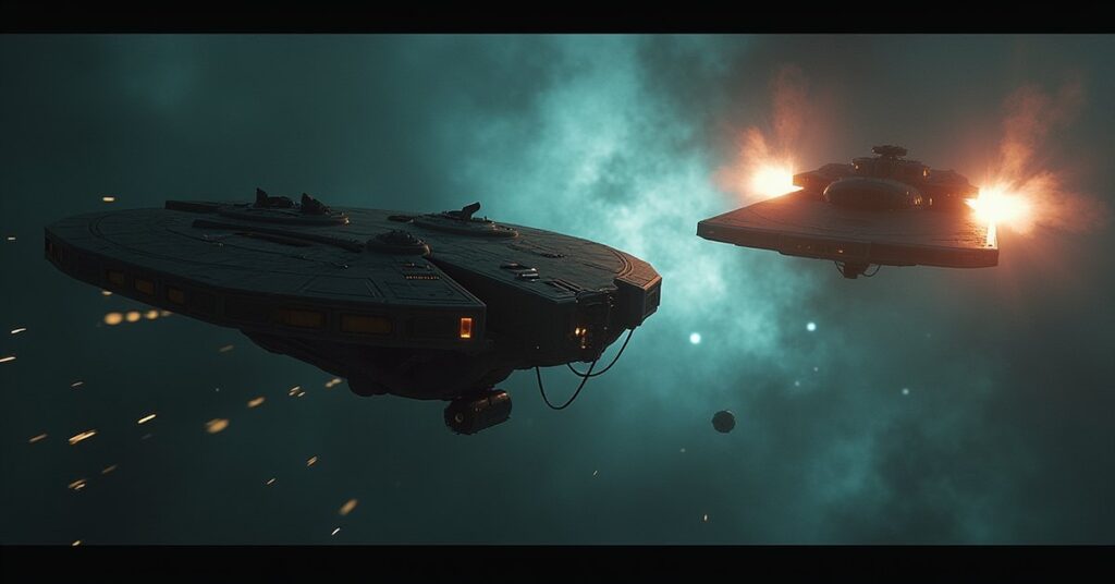 A damaged ship cornered in a nebula by a larger warship, with an escape pod drifting nearby