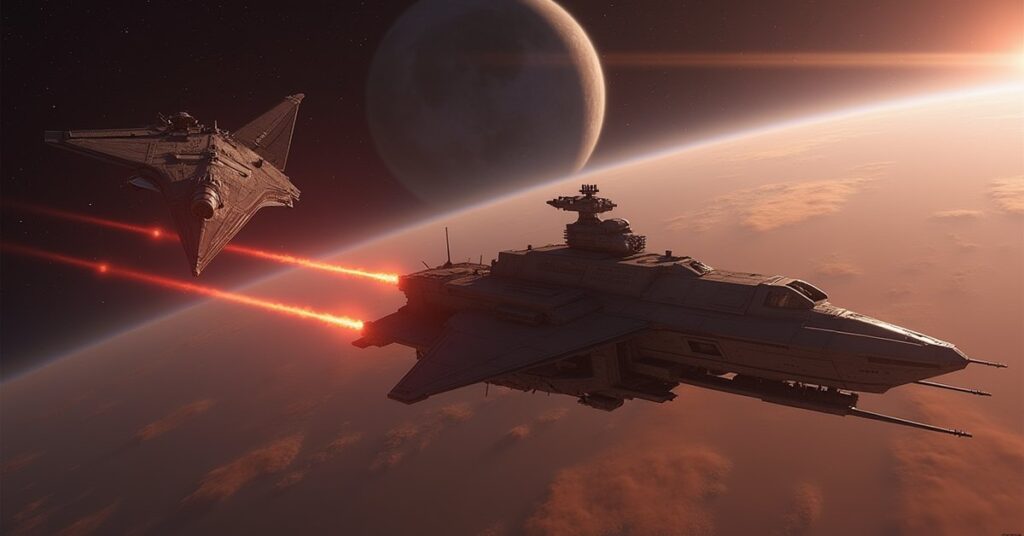 A starship facing a Takret warship above a frontier planet in Star Trek Fleet Command