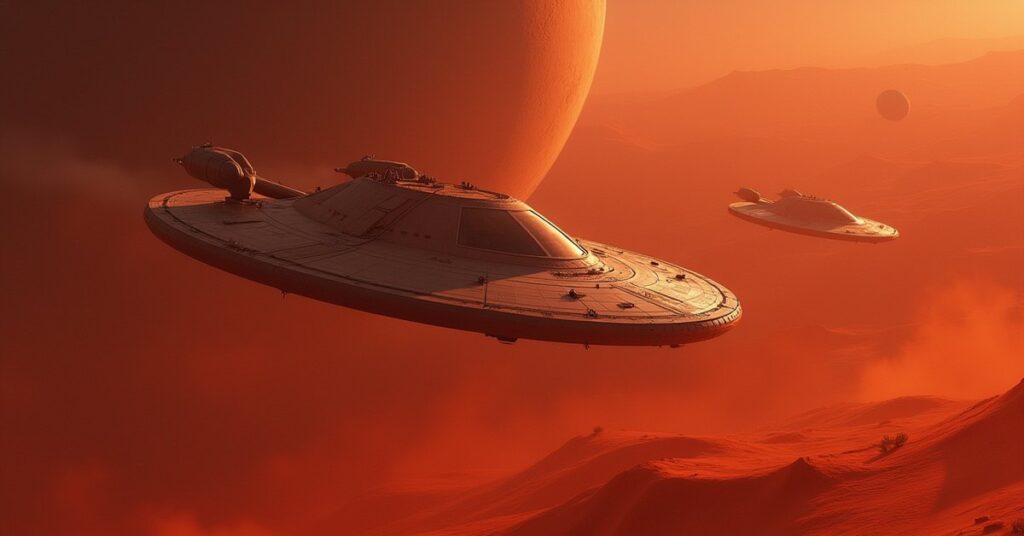 A starship watching a small shuttle flee a Vulcan colony world in Star Trek Fleet Command