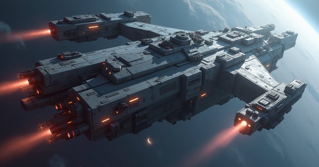 A space station defense platform being upgraded by construction drones in Star Trek Fleet Command