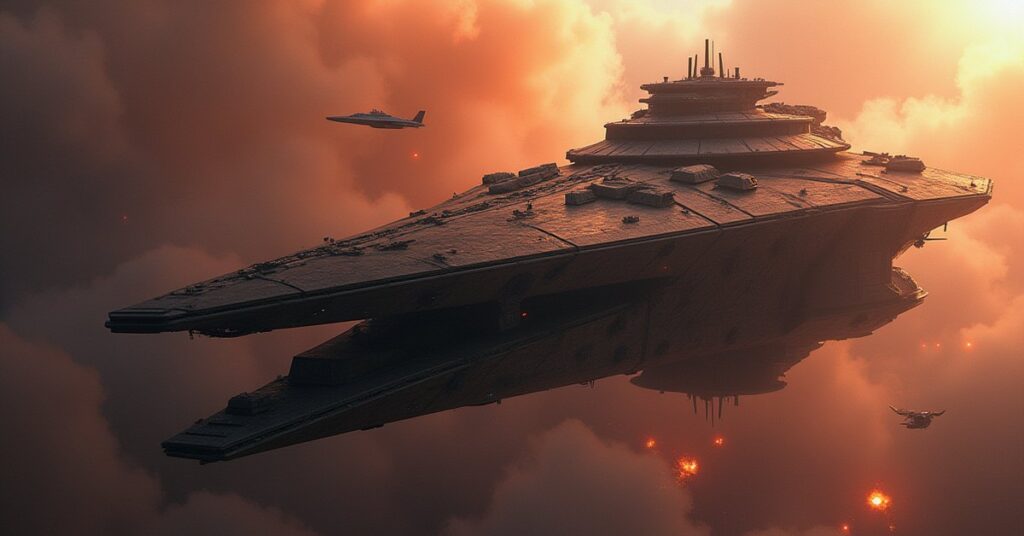 A starship strafing a huge Klingon fortress ship as scouts sweep past in Star Trek Fleet Command