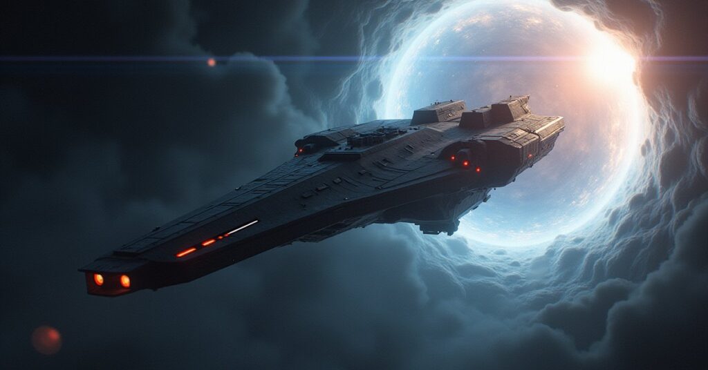 A Federation battleship emerging from a shimmering temporal rift near a black hole in Star Trek Fleet Command