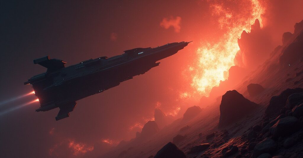 A starship beside a glowing subspace fracture near a mining colony as energy surges arc outward