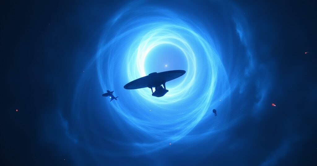 Starship emerging from a wormhole into contested Devore Imperium space in the Fragile Agreement mission.