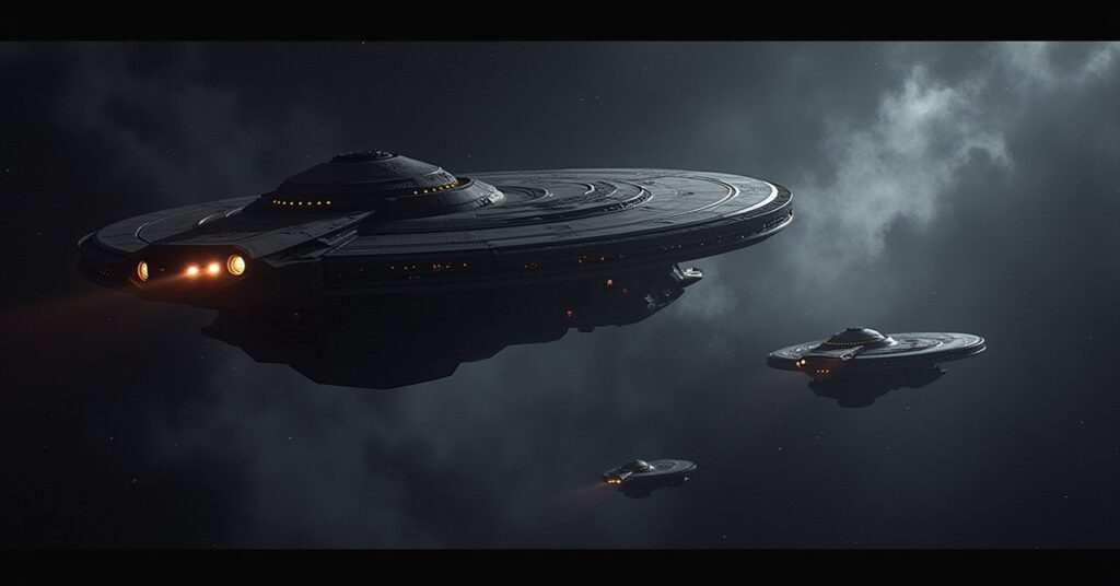 A Federation starship escorts an arriving Cardassian station as Borg and Node ships approach