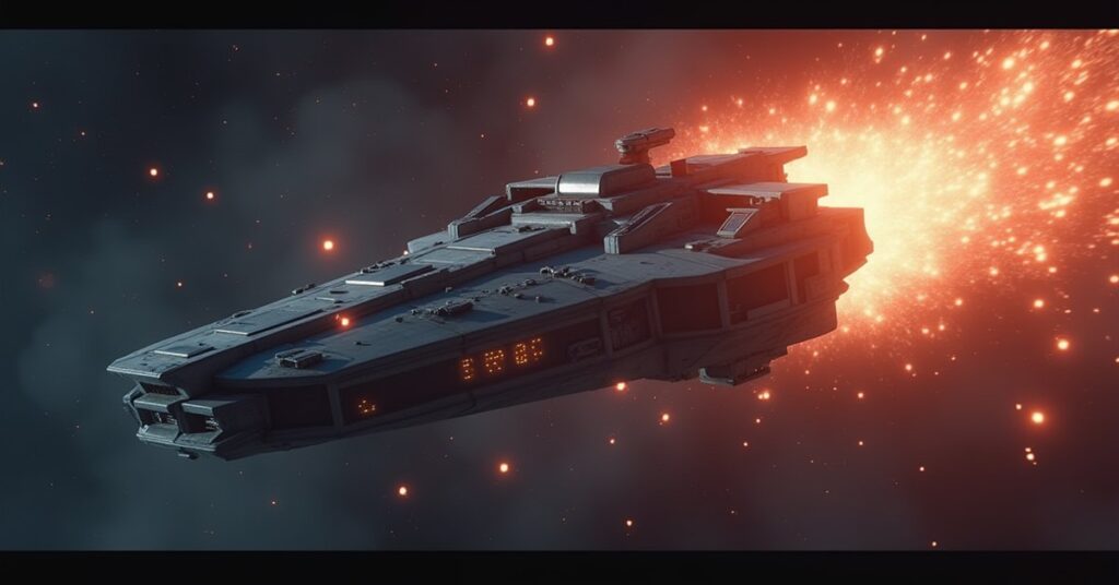 A starter starship defending a science vessel near glowing energy fragments in Star Trek Fleet Command