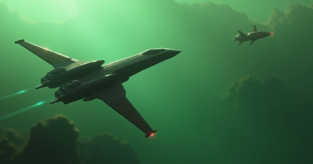 A Romulan warbird meeting a starship above a green planet in Star Trek Fleet Command