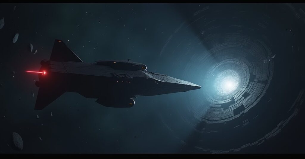 A starship approaching a hidden engineering base surrounded by floating shards of light