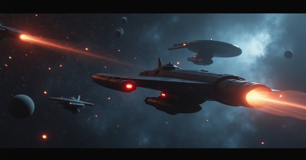 A starship pursuing a Ferengi vessel away from a busy Forsaken trade hub in deep space