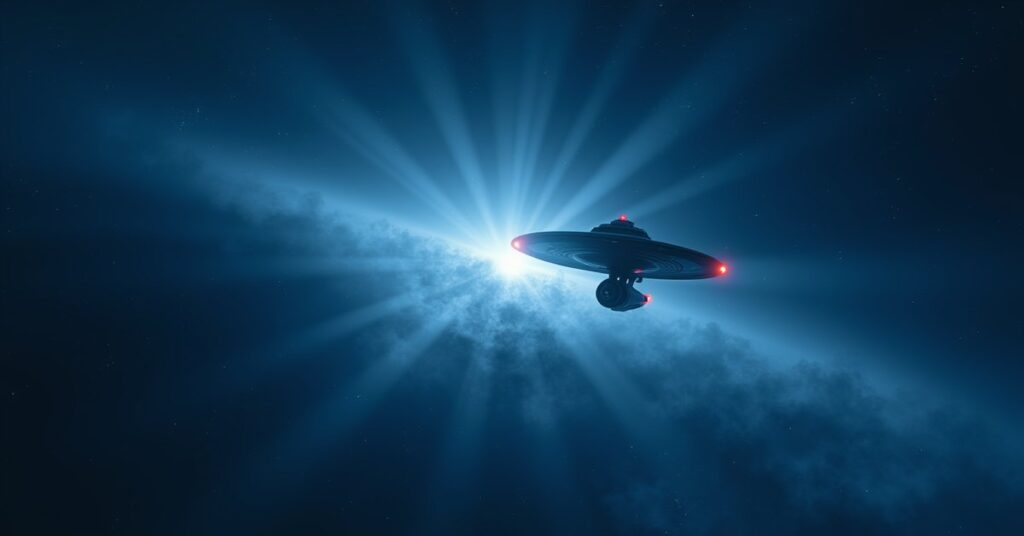 A lone starship crossing deep space toward distant star systems in Star Trek Fleet Command.