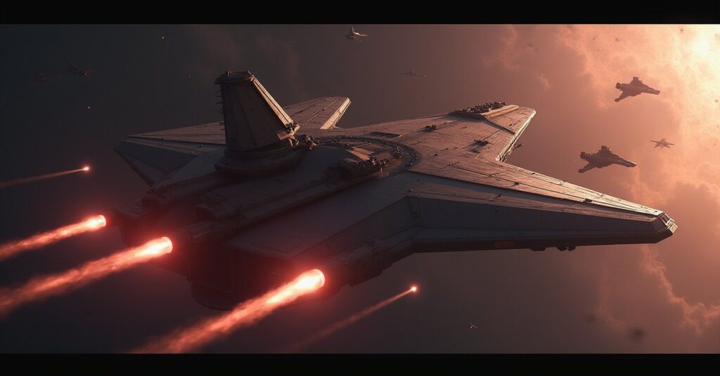 Mercenary ships docked at an independent station as a rebel interceptor flies past in Star Trek Fleet Command