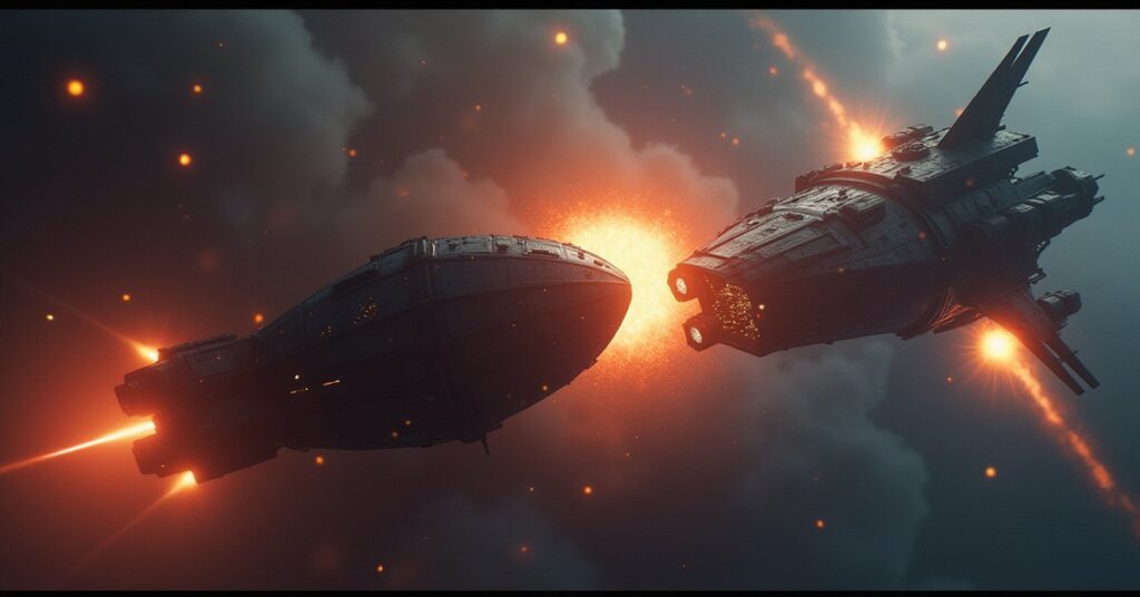 A starship between an Outlaw ship and an Exchange warship in Star Trek Fleet Command