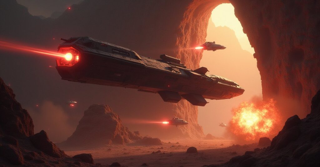 Starships attacking an Outlaw hangar inside an asteroid belt in Star Trek Fleet Command