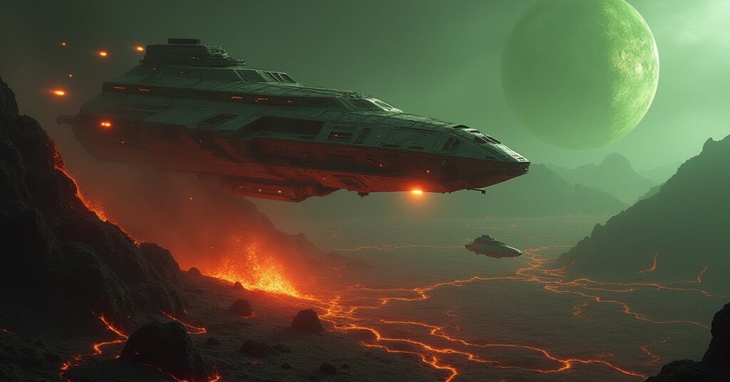 Vaadwaur ships surveying a volcanic planet for a new home in Star Trek Fleet Command