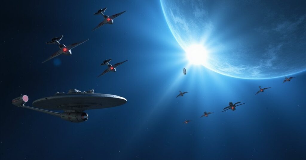 Romulan warbirds and an allied starship facing a Klingon fleet near a star in Star Trek Fleet Command