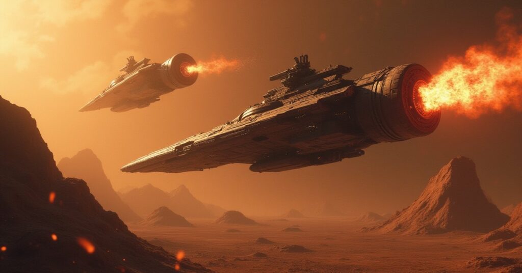 A Klingon warship trading fire with a starship above a barren planet in Star Trek Fleet Command