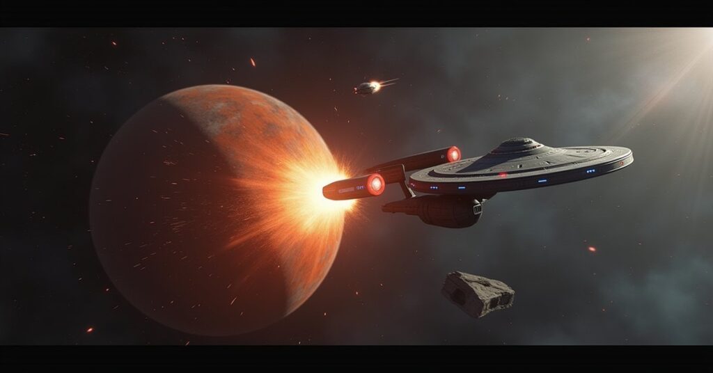 The Defiant and a Federation starship fire on a Borg Sphere beside a derelict ship