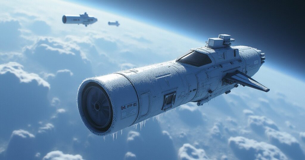 A starship recovering a frozen research container near an icy moon in Star Trek Fleet Command