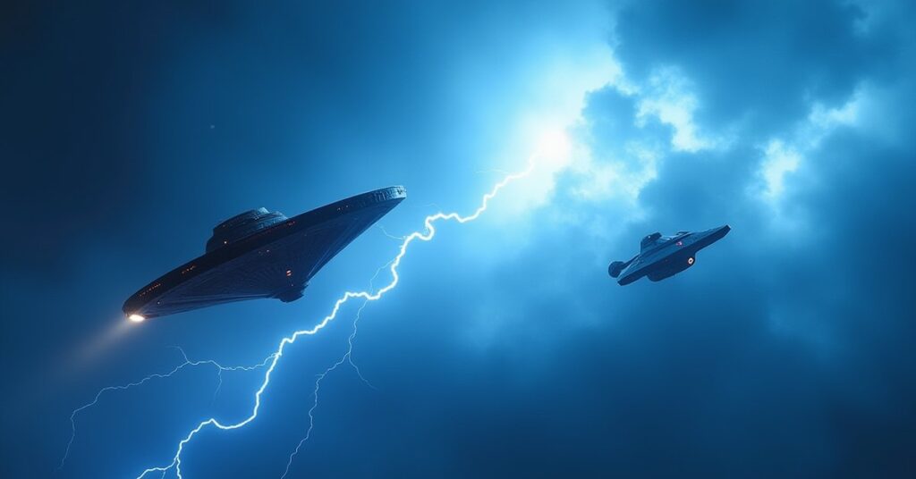A starship skims a crackling ion storm while a Romulan vessel watches from afar in Star Trek Fleet Command