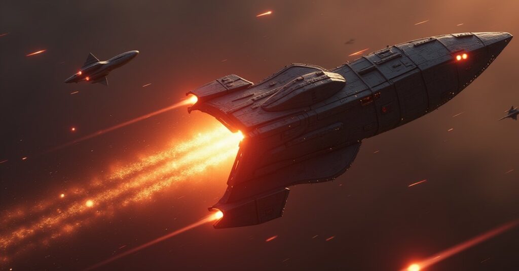 A ship attacking a Klingon cruiser near a border in Star Trek Fleet Command