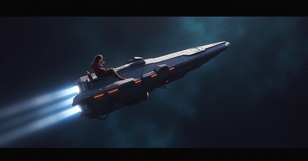A small starship carrying a passenger away from the Orion system in Star Trek Fleet Command