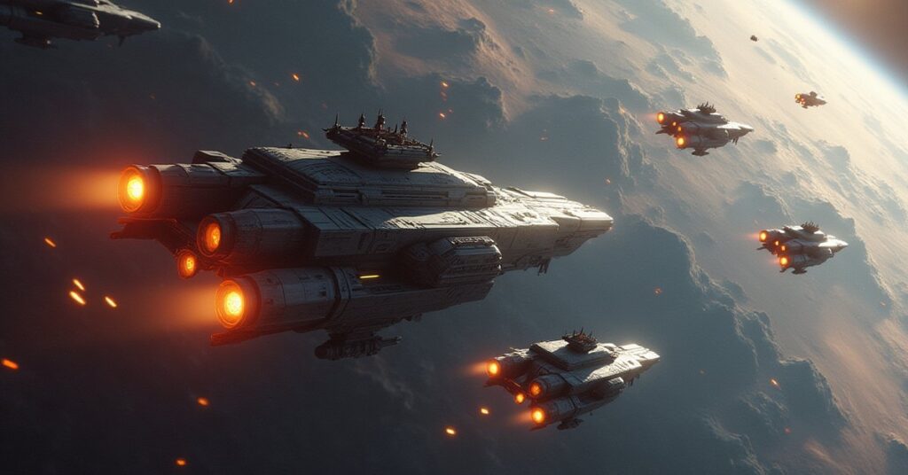 Independent ships ambushing an alien vessel above a colony world in Star Trek Fleet Command