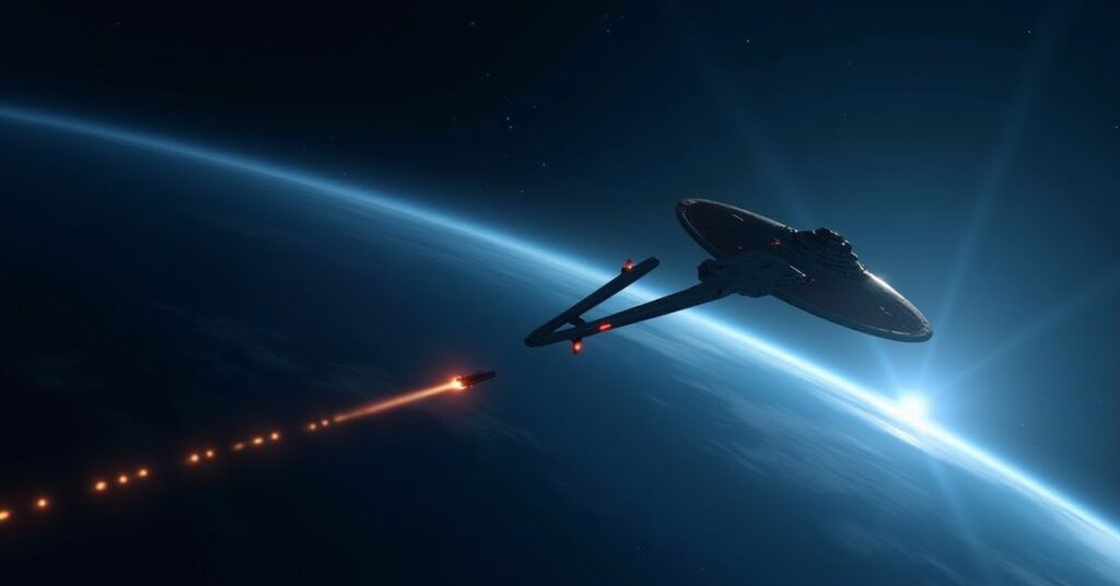 A starship fighting a Starfleet cruiser above a Federation world in Star Trek Fleet Command