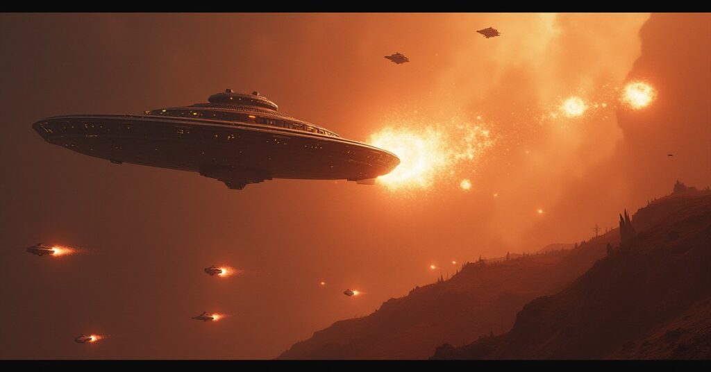 A starship distracting a large enemy ship while transports evacuate civilians in Star Trek Fleet Command
