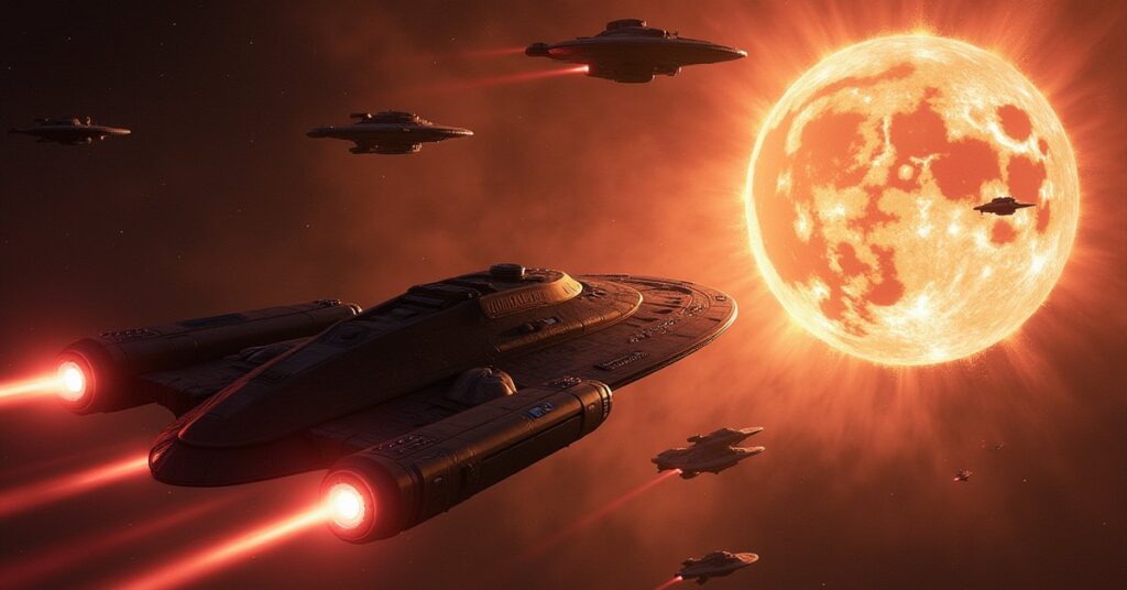 The USS Defiant leading Breen warships against Jem'Hadar ships near Deep Space Nine and the Bajoran wormhole
