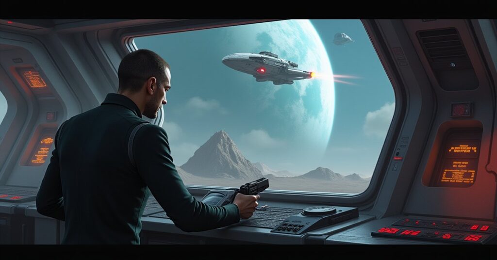 A Romulan scientist holds a synth detector as a small synth ship charges weapons above a colony in Star Trek Fleet Command