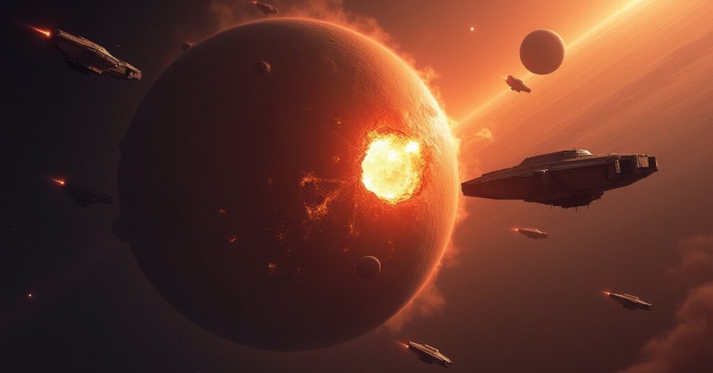A crumbling colony planet with evacuation ships fleeing in Star Trek Fleet Command