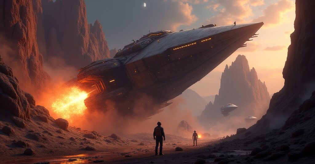A mining starship delivering glowing ore to a fortified colony on a rocky planet in Star Trek Fleet Command
