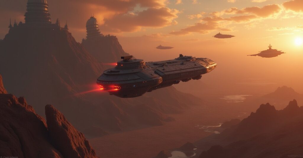 A starship near a damaged mining vessel and an Orion ship close to New Vulcan in Star Trek Fleet Command