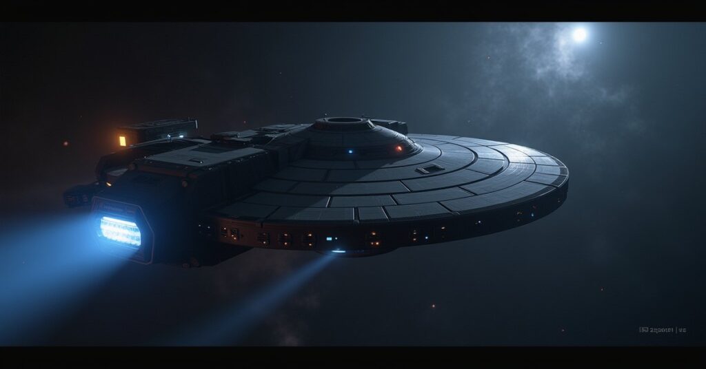 The Enterprise-E arriving at a space station out of warp in Star Trek Fleet Command