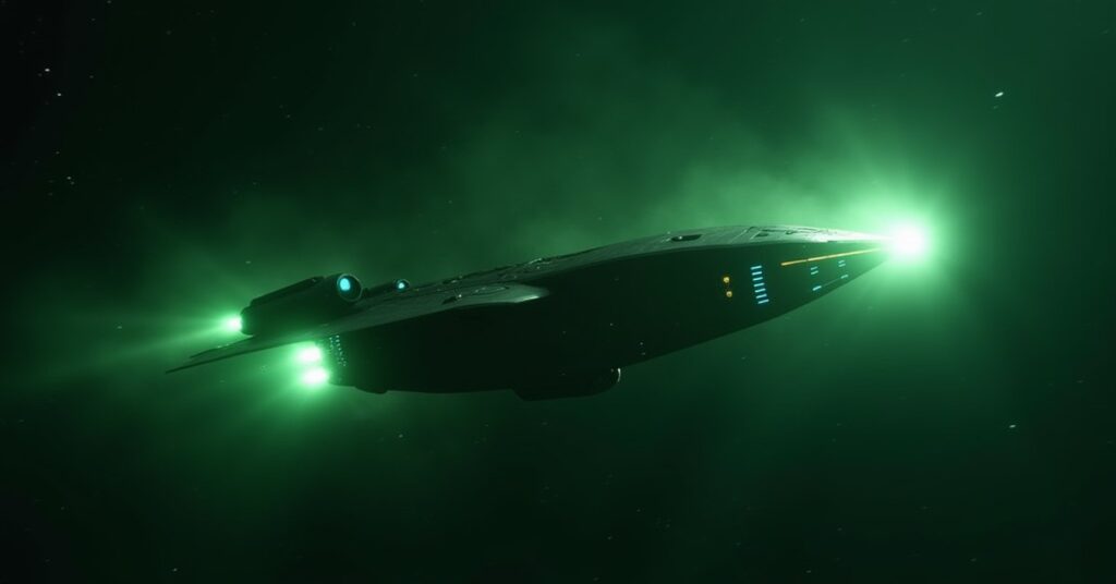 A Romulan warbird chasing a Suliban ship through a star system in Star Trek Fleet Command