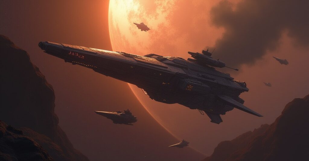 A starship confronting a mercenary ship near a hidden outpost in Star Trek Fleet Command