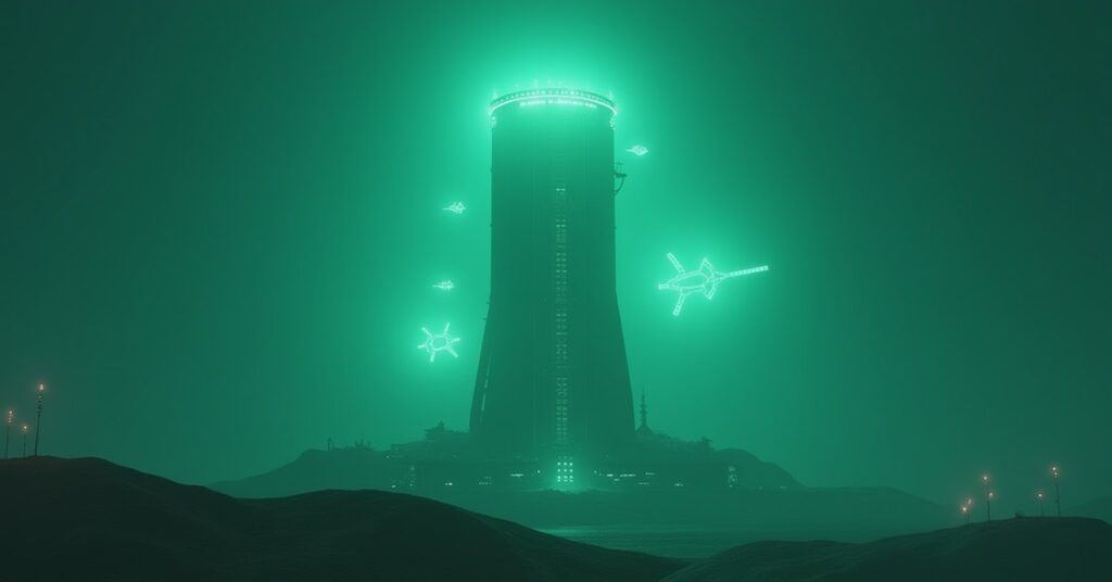 A space station research tower glowing with ancient alien symbols in Star Trek Fleet Command
