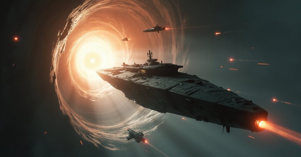 Hirogen hunters chase a refugee ship out of a swirling wormhole in Star Trek Fleet Command