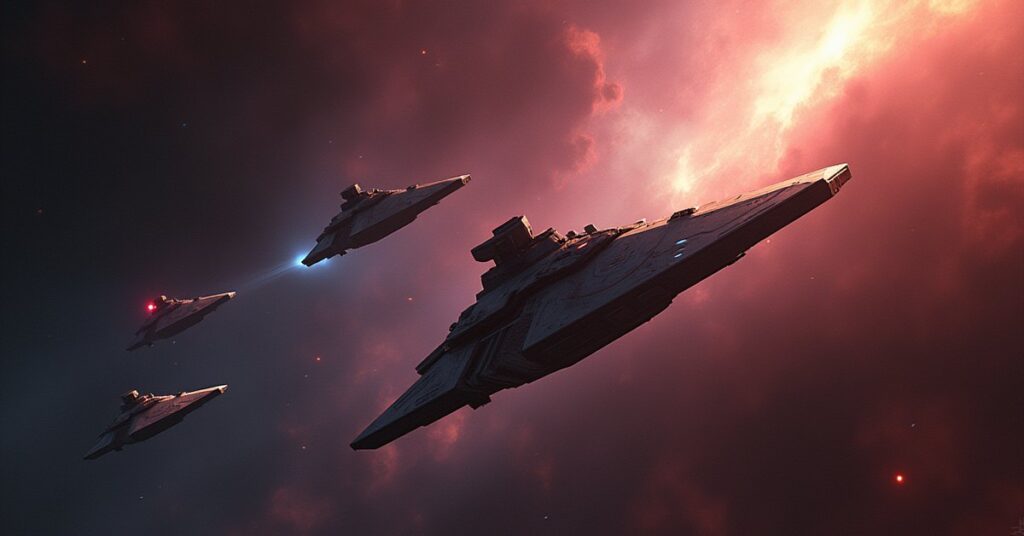 A starship escaping a formation of Trill warships in Star Trek Fleet Command