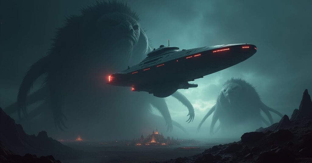 A Federation starship faces huge shadowy creatures in a dim nebula above a colony world