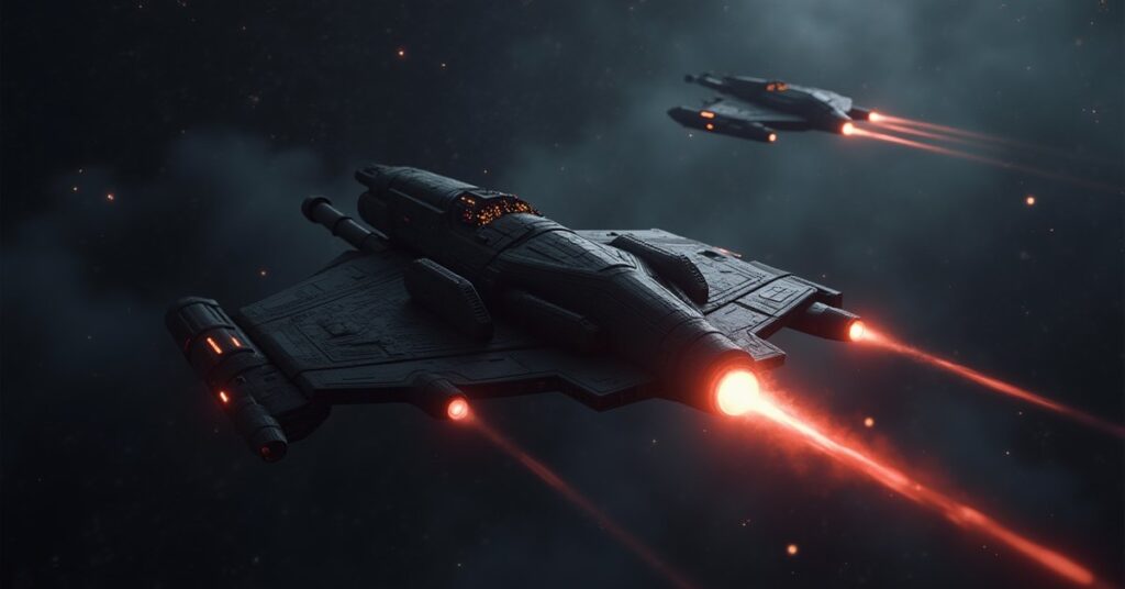 A starship intercepting an outlaw vessel near an outpost in Star Trek Fleet Command